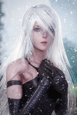 Fan art of 2B (YoRHa No.2 Type B) from NieR: Automata, depicted with white hair and black gloves in a snowy environment.