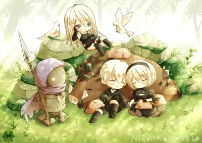 Fan art of 2B (YoRHa No.2 Type B) from NieR: Automata sitting peacefully with 9S and a machine in a sunlit forest.