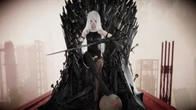 2B (YoRHa No.2 Type B) from NieR: Automata seated on a throne made of swords in a post-apocalyptic setting.
