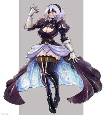 Digital illustration of 2B (YoRHa No.2 Type B) from NieR: Automata wearing a gothic-lolita style outfit with a blindfold and white hair.